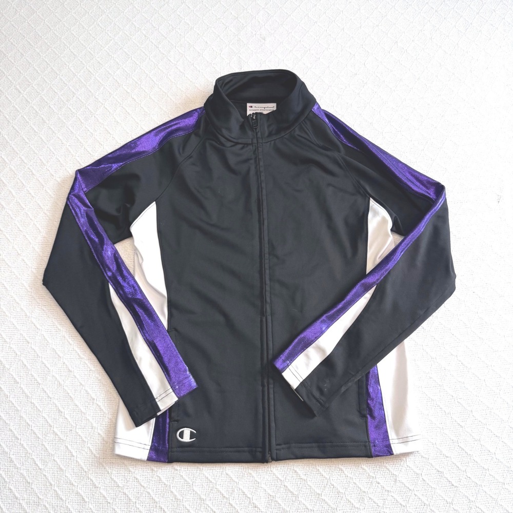 Champion Girls Track Jacket Black White Purple Metallic Full Zip YL Large